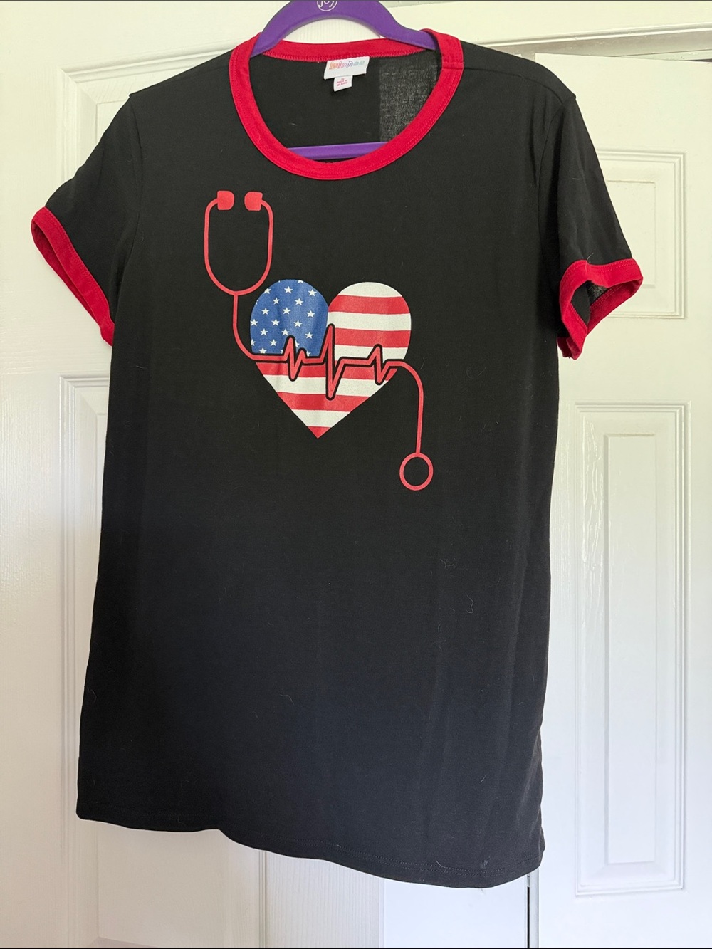 LuLaRoe Black Tee with Red Trim and Patriotic Heart Stethoscope